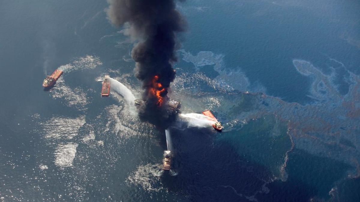 Oil gushes into the Gulf of Mexico following the explosion of the Deepwater Horizon oil rig on April 21, 2010. President Trump issued an order Friday that could make it easier for energy companies to build oil rigs in coastal waters from the Atlantic to the Arctic oceans, sparking new fears about catastrophic spills.