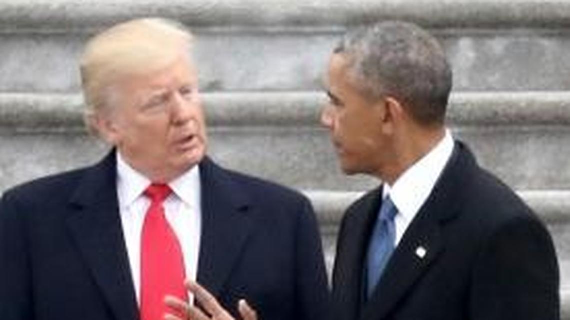 FILE - In this Friday, Jan. 20, 2017 file photo, from left, first lady Melania Trump, President Donald Trump, former president Barack Obama and Michelle Obama stand on the steps of the U.S. Capitol in Washington, after Trump's inauguration ceremony. On Tuesday, Feb. 20, 2018, The Associated Press has found that stories circulating on the internet that Trump canceled federal funding for former President Obamaâ€™s library are untrue. Private donations are paying for the libraryâ€™s construction and it wonâ€™t be part of a network of presidential libraries administered by the National Archives.