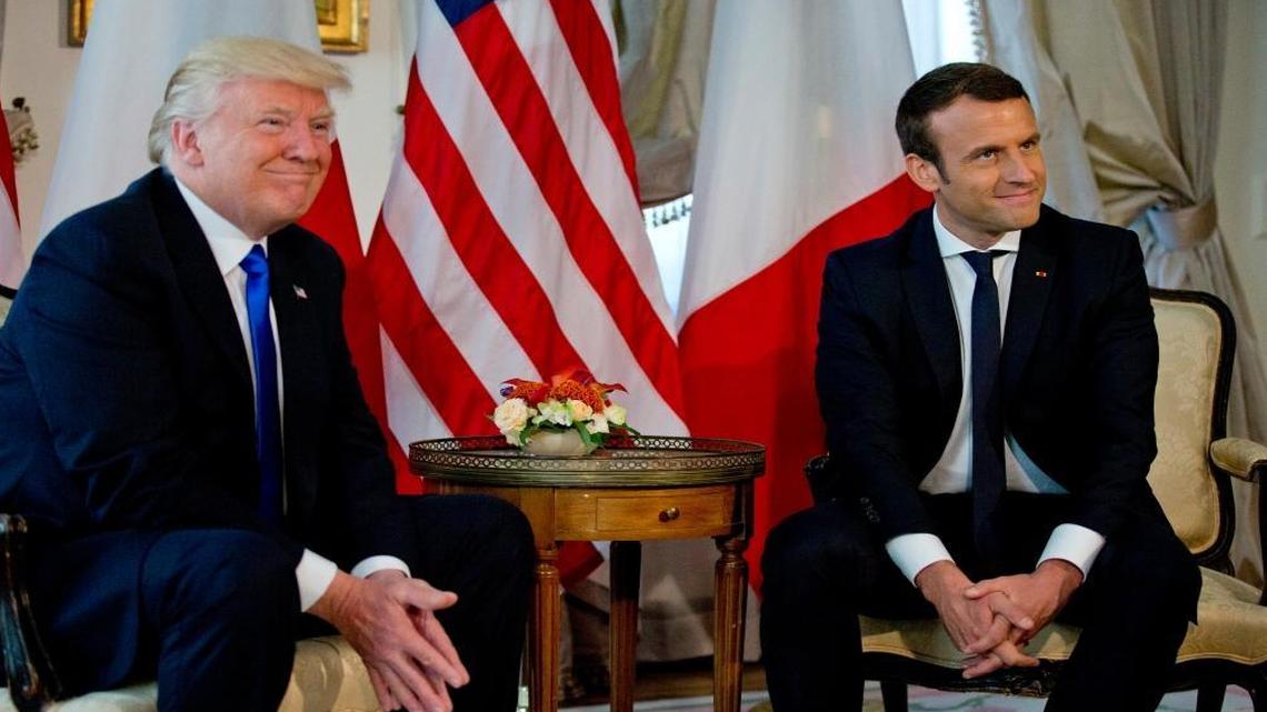 U.S. President Donald Trump meets with French President Emmanuel Macron at the U.S. ambassador's residence in Brussels, Thursday, May 25, 2017.