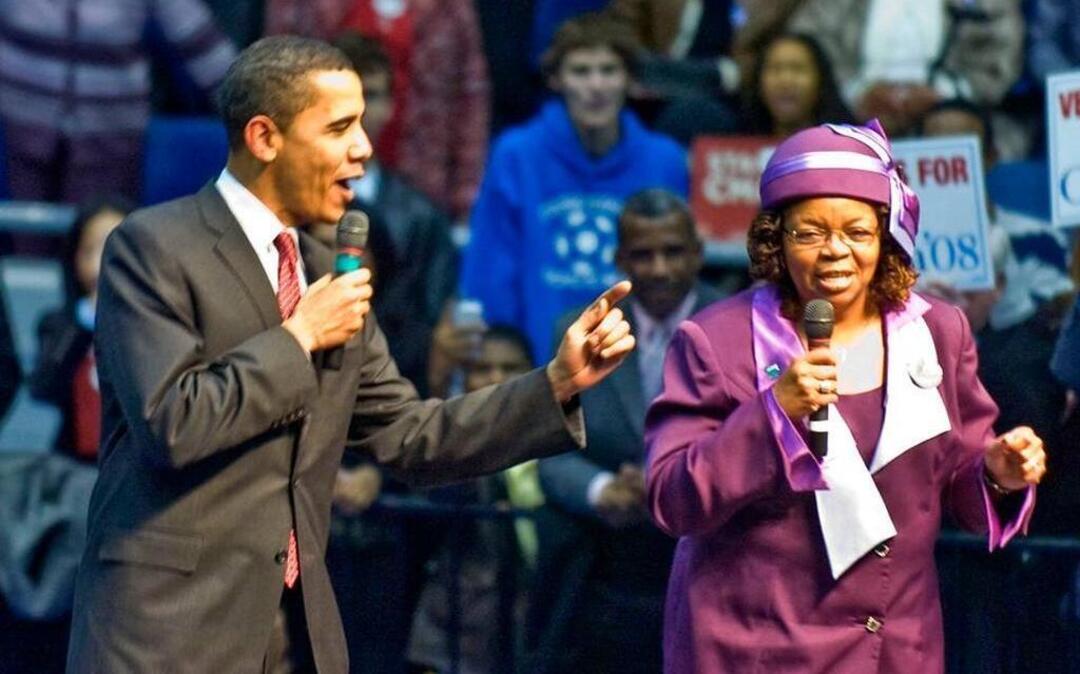 Candidate Barack Obama shares the stage with Edith Childs, of Greenwood, S.C., during the 2008 campaign.