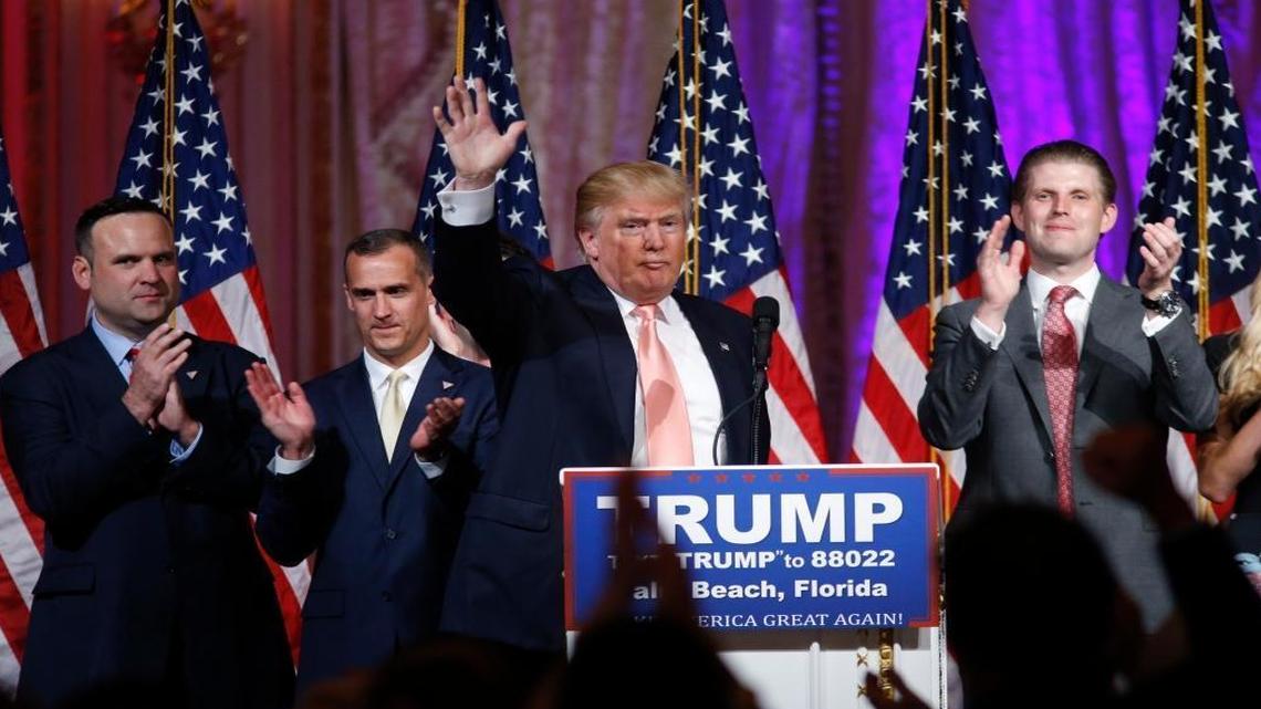 Republican presidential candidate Donald Trump speaks to supporters at his primary election night event at his Mar-a-Lago Club in Palm Beach, Fla., Tuesday, March 15, 2016.