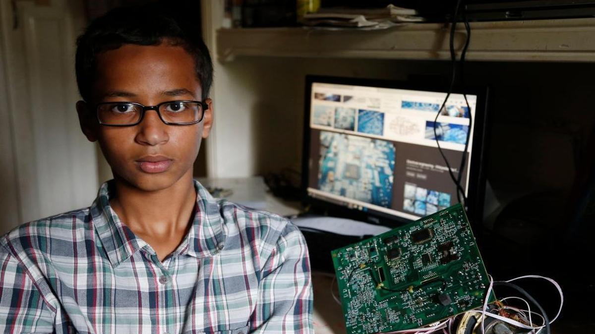 
Irving MacArthur High School student Ahmed Mohamed, 14, poses for a photo at his home in Irving, Texas on Tuesday, Sept. 15, 2015. Mohamed was arrested and interrogated by Irving Police officers on Monday after bringing a homemade clock to school. 
