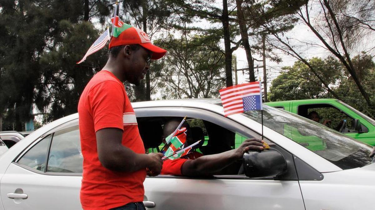 
A Kenyan vendor sells U.S. and Kenyan flags in Nairobi on Friday, July 24, 2015. President Barack Obama arrives in Kenya on Friday, his first trip to the country since he was a U.S. senator in 2006. It’s the first stop on his African tour in which he will also visit Ethiopia.

