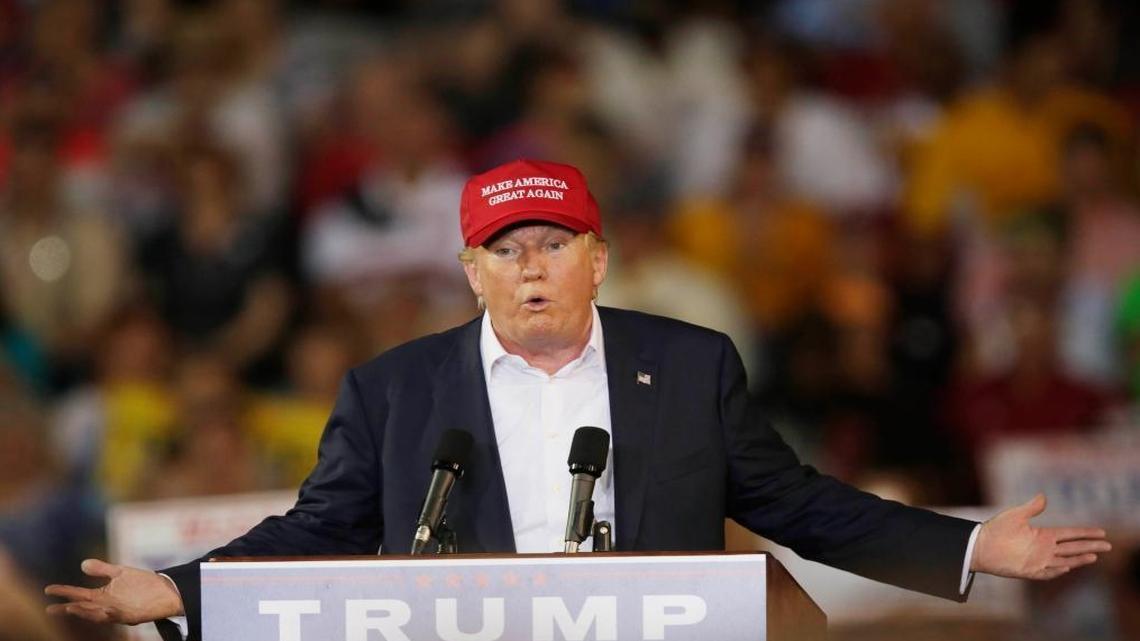 Then-candidate Donald Trump speaks during a campaign pep rally, Friday, Aug. 21, 2015, in Mobile, Ala.