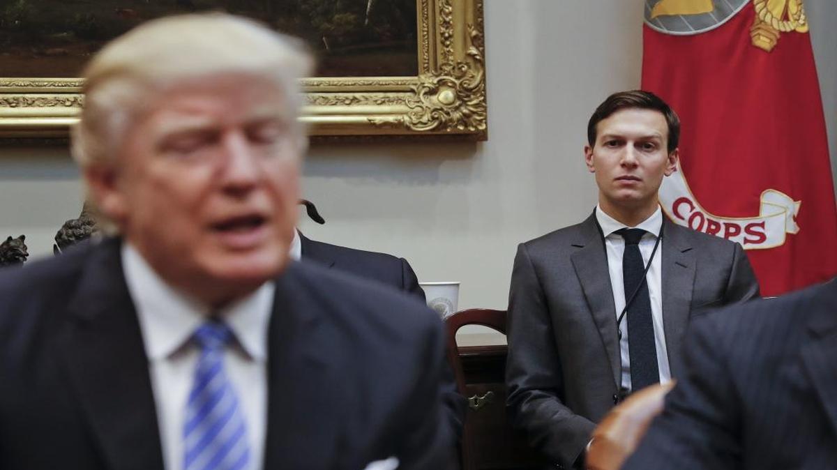 Trump senior adviser Jared Kushner listens to his father-in-law on Monday, Feb. 13, 2017.