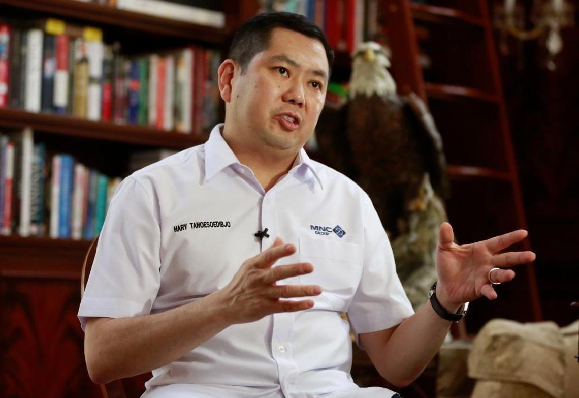Media Nusantara Citra (MNC) Group President and CEO Hary Tanoesoedibjo gestures during an interview with The Associated Press in Jakarta, Indonesia. President Donald Trump's billionaire business partner and possible political proxy in Indonesia nurses big leadership ambitions in his country, which he says isn’t developed enough to have a successful democracy and needs strong leadership.