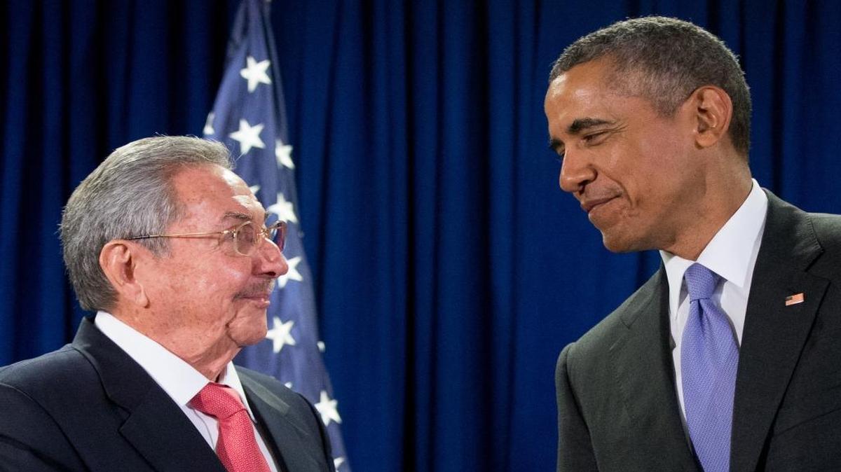 In this Tuesday, Sept. 29, 2015, photo, President Barack Obama stands with Cuba’s President Raúl Castro before a bilateral meeting at the United Nations headquarters.