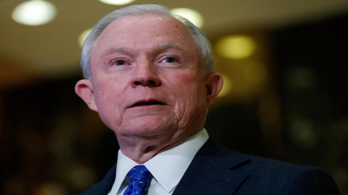 In this photo taken Nov. 17, 2016, Sen. Jeff Sessions, R-Ala. speaks to media at Trump Tower in New York. President-elect Donald Trump has picked Sessions for the job of attorney general.