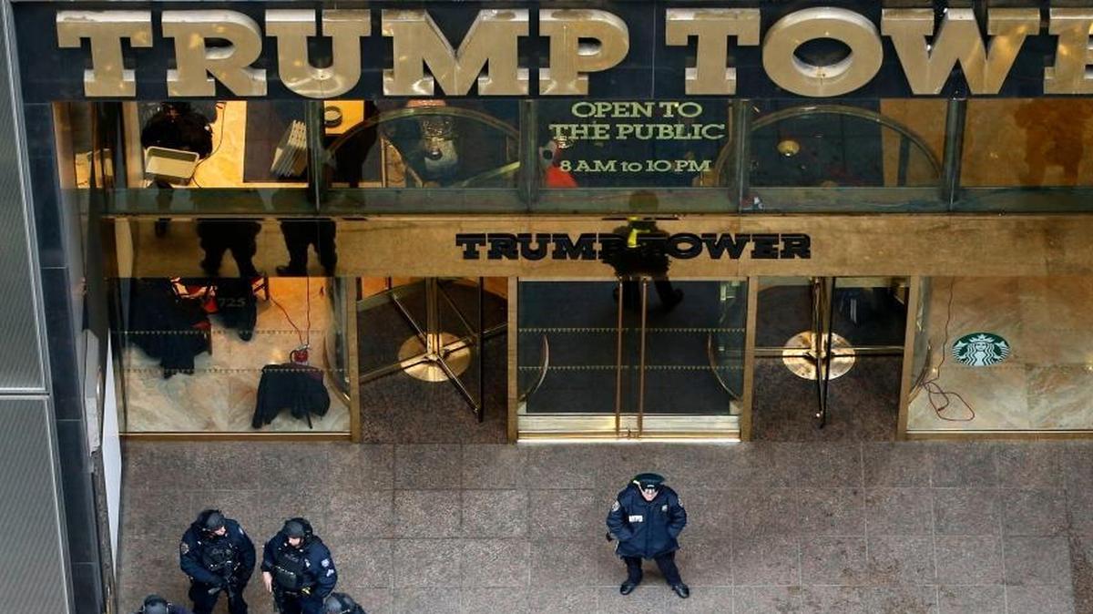 Police outside the Fifth Avenue public entrance to Trump Tower in New York.