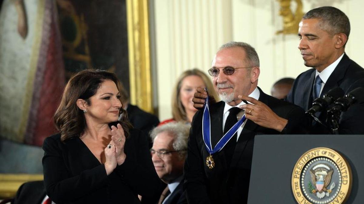 U.S. President Barack Obama gives the Presidential Medal of Freedom to music producer Emilio Estefan, before giving one to his wife, singer Gloria Estefan, in the East Room of the White House on Nov. 24, 2015, in Washington, D.C. Photo by Olivier Douliery/ABACA