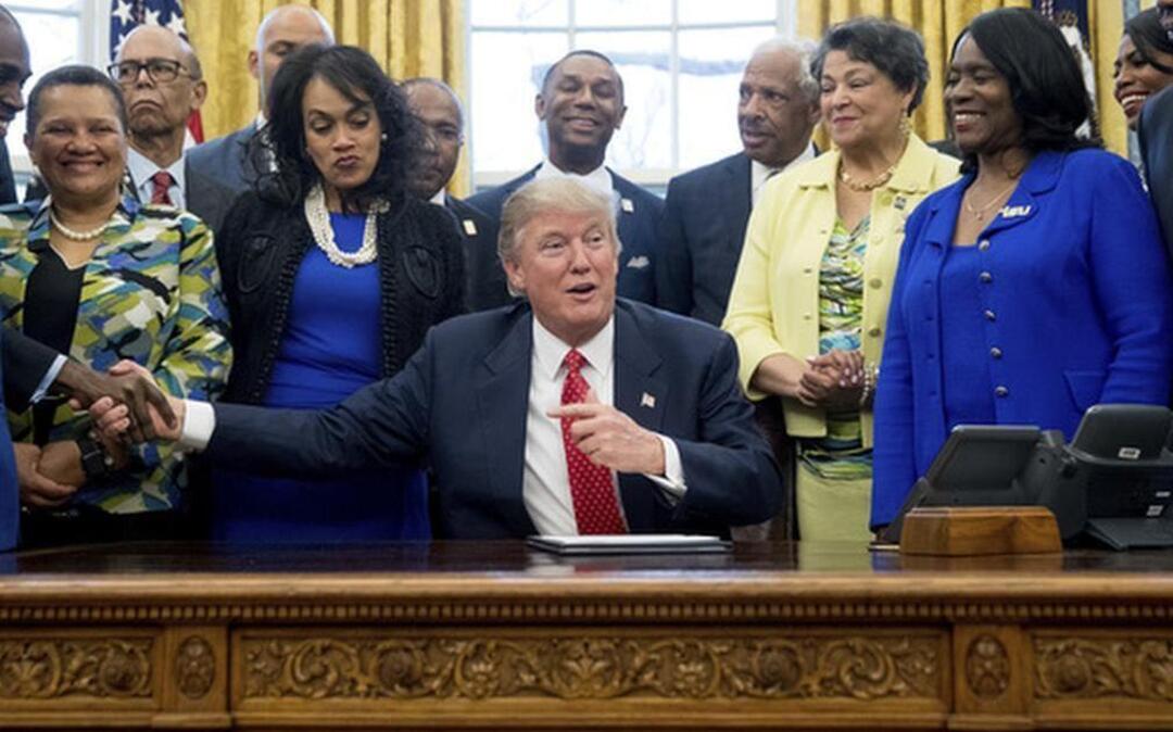 President Donald Trump speaks before signing the Historically Black Colleges and Universities HBCU Executive Order, Tuesday, Feb. 28, 2017, in the Oval Office in the White House in Washington.