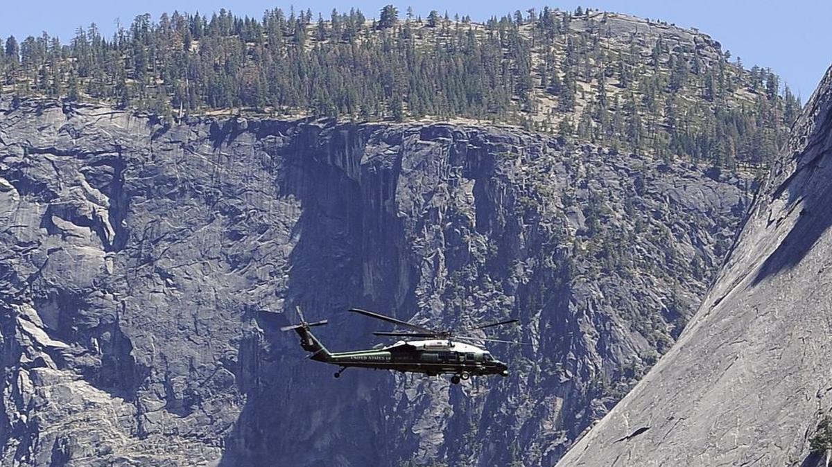 President Barack Obama leaves Yosemite Valley on Marine One from Ahwahnee Meadow Sunday in Yosemite National Park.