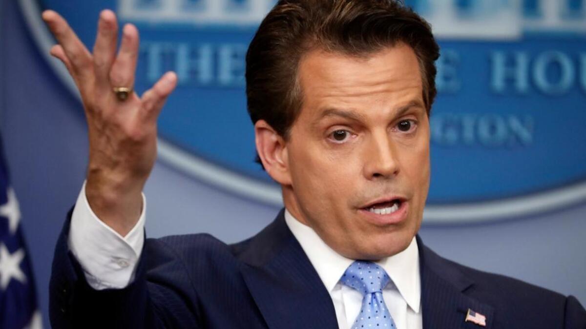 White House communications director Anthony Scaramucci gestures as he answers questions during the press briefing in the Brady Press Briefing room of the White House in Washington, Friday, July 21, 2017.