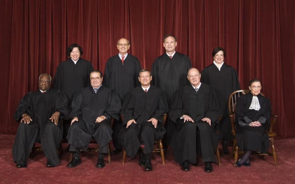 The justices of the U.S. Supreme Court. From left: Clarence Thomas, Sonia Sotomayor, the late Antonin Scalia, Stephen Breyer, Chief Justice John Roberts, Samuel Alito, Anthony Kennedy, Elena Kagan and Ruth Bader Ginsburg.
