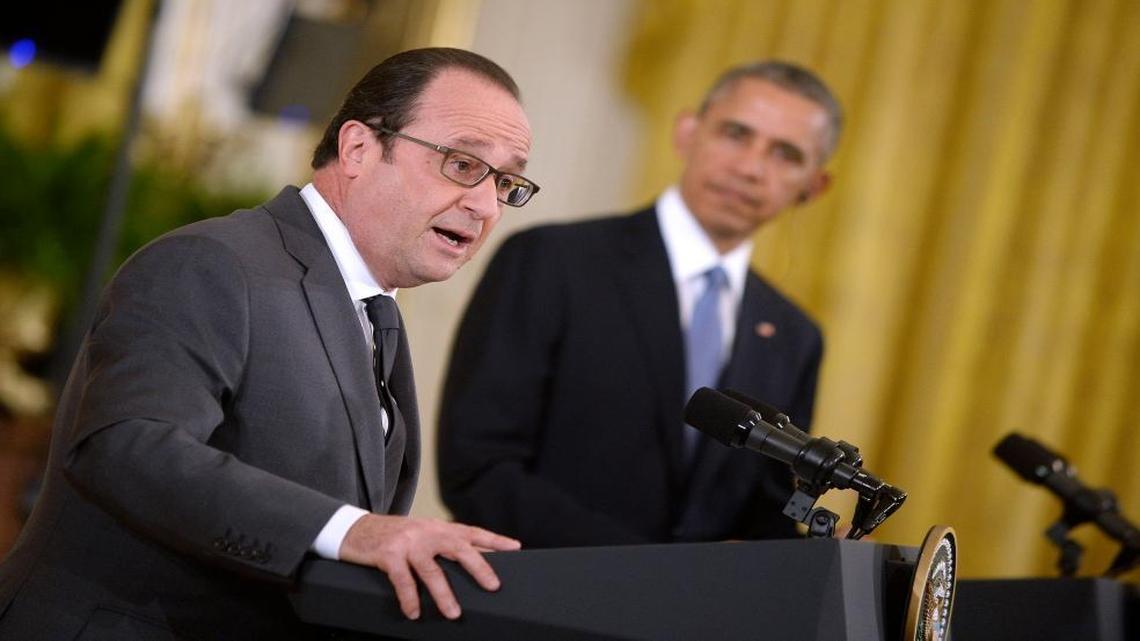 U.S. President Barack Obama and French President Francois Hollande give a joint press conference in the East Room of the White House on Tuesday, Nov. 24, 2015, in Washington, D.C. This is the first time the two leaders have met since the attacks in Paris.