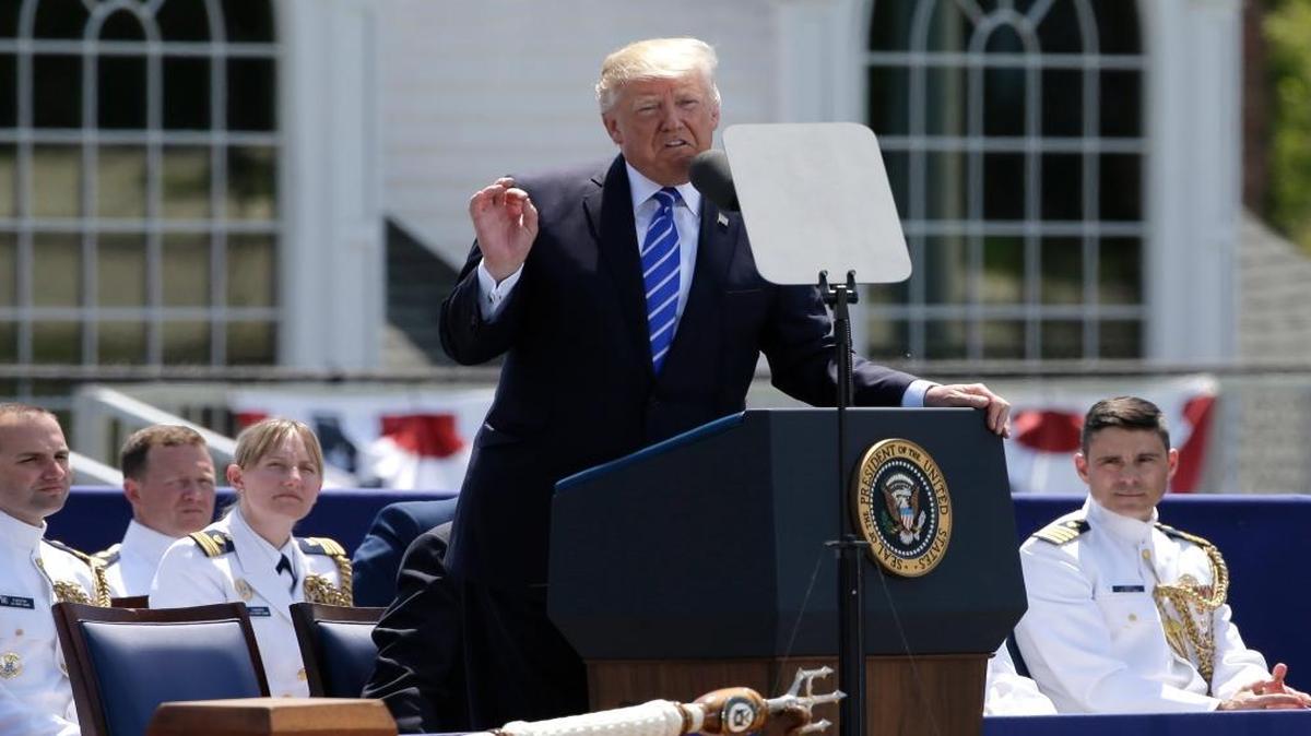 President Donald Trump gives his commencement address at the U.S. Coast Guard Academy, Wednesday, May 17, 2017, in New London, Conn.