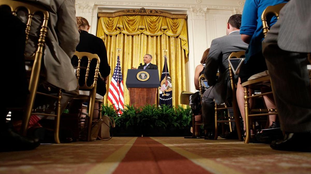 
President Barack Obama answers questions about the Iran nuclear deal during a news conference in the East Room of the White House in Washington, Wednesday, July 15, 2015. The president vigorously defended the nuclear deal with Iran, casting the historic accord as the only possibility to avert a nuclear arms race in the Middle East and reduce the chances of war. 
