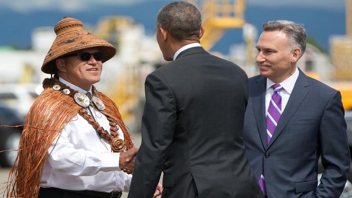 “What all tribes want to leave to the next generations are our lands, waters, natural resources and sacred places,” said Brian Cladoosby, chairman of the Swinomish Tribe in Washington state and a key opponent of the proposed Dakota Access Pipeline. Cladoosby, left, met President Obama, center, and Dow Constantine, right, on the tarmac when Obama arrived on Air Force One at Seattle-Tacoma International Airport, on June 24, 2016.