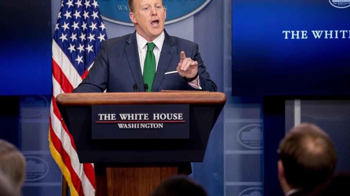 White House press secretary Sean Spicer talks to the media during the daily press briefing at the White House in Washington, Thursday, March 16, 2017. Spicer discussed President Donald Trump's assertion that former President Barack Obama wire tapped him, the Trump Administration's proposed budget, and other topics.