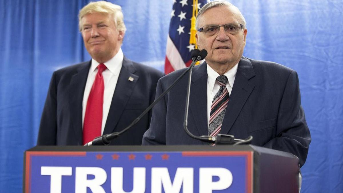 FILE - In this Jan. 26, 2016, file photo, then-Republican presidential candidate Donald Trump is joined by Joe Arpaio, the then sheriff of metro Phoenix, during a news conference in Marshalltown, Iowa.