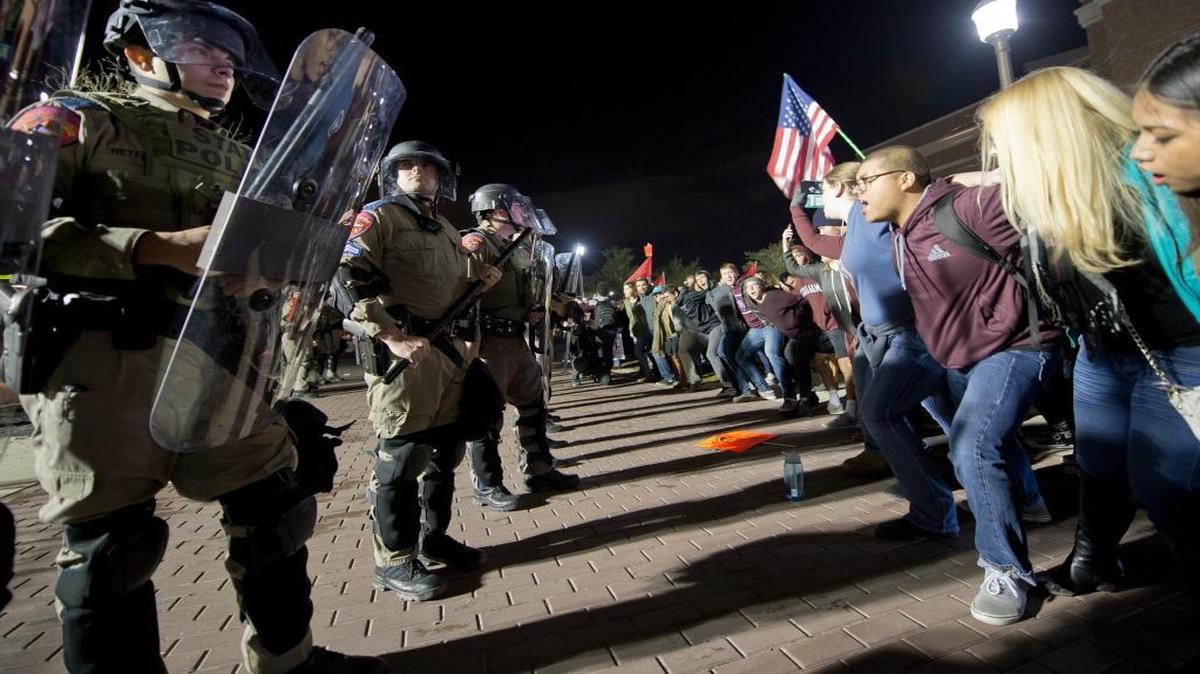 Protesters and police faced off at Texas A&M University in College Station, Texas, Tuesday as Richard Spencer, who leads a white nationalist organization, spoke. Hundreds of people protested the white nationalist's speaking engagement. On Wednesday, civil rights groups announced a new coalition designed to counter hate speech and incidents.