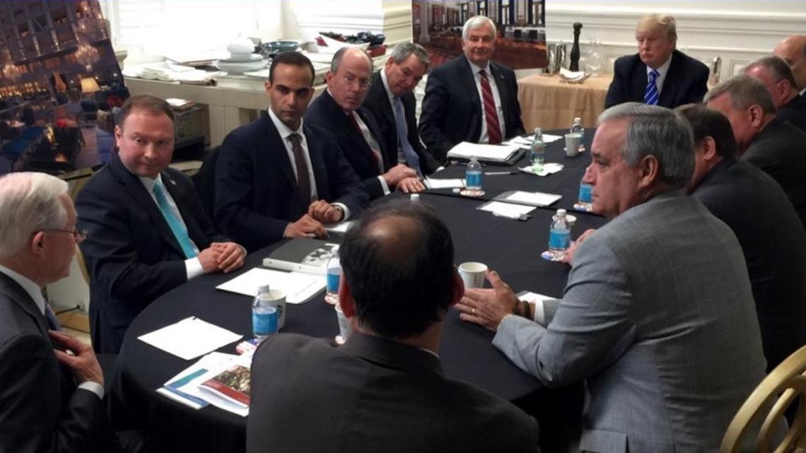 In this photo from President Donald Trump's Twitter account, posted on March 31, 2016, George Papadopoulos, third from left, sits with then-candidate Trump and others at what is labeled as a national security meeting in Washington. Papadopoulos, a former Trump campaign aide, has provided evidence in the first criminal case resulting from Special Counsel Robert Mueller’s investigation that connects Trump’s team and intermediaries for Russia seeking to interfere in the campaign.
