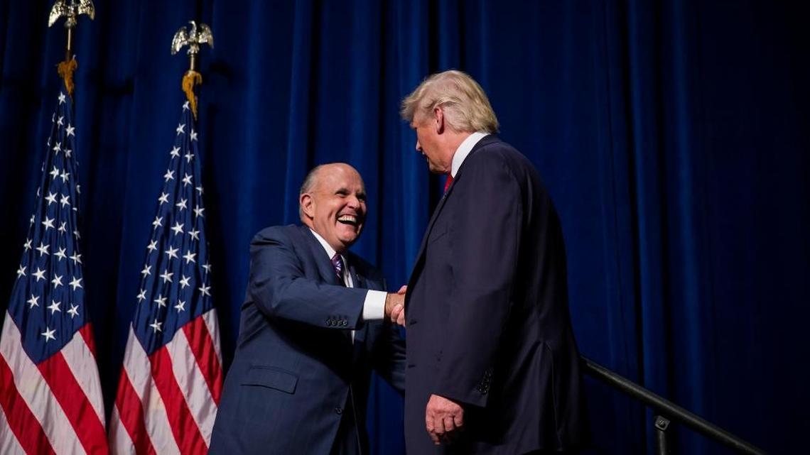 Rudy Giuliani, left, campaigns with Donald Trump, then the Republican nominee for president, in Greenville, N.C., Sept. 6, 2016. Giuliani, the former New York City mayor and longtime friend of Trump, will join the president’s legal team in an effort to “quickly” resolve the special counsel investigation into Russian election interference and possible ties to Trump associates.