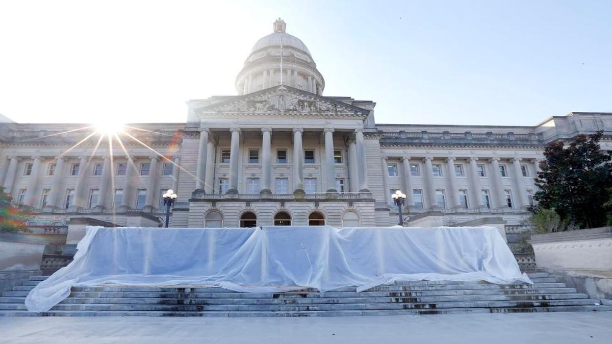 A stage is being built on the Capitol steps in preparation for Inauguration Day in Frankfort, Ky., Friday, December 4, 12015. Matt Bevin will be inaugurated as Kentucky's next Governor Tuesday, December 8th.