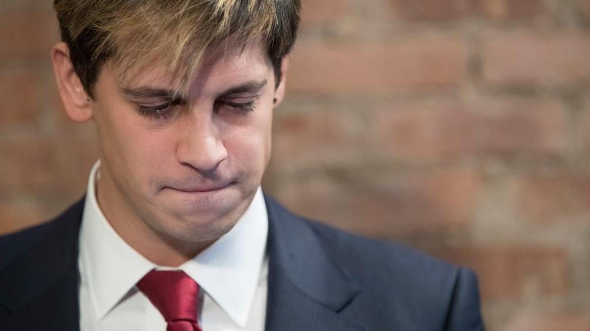 Milo Yiannopoulos speaks during a news conference on Tuesday in New York. Yiannopoulos has resigned as editor of Breitbart Tech after coming under fire from other conservatives over comments on sexual relationships between boys and older men.
