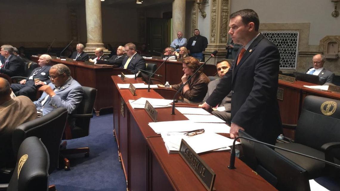 Sen. Stephen West, R-Paris, presents his bill to require two different marriage license forms.