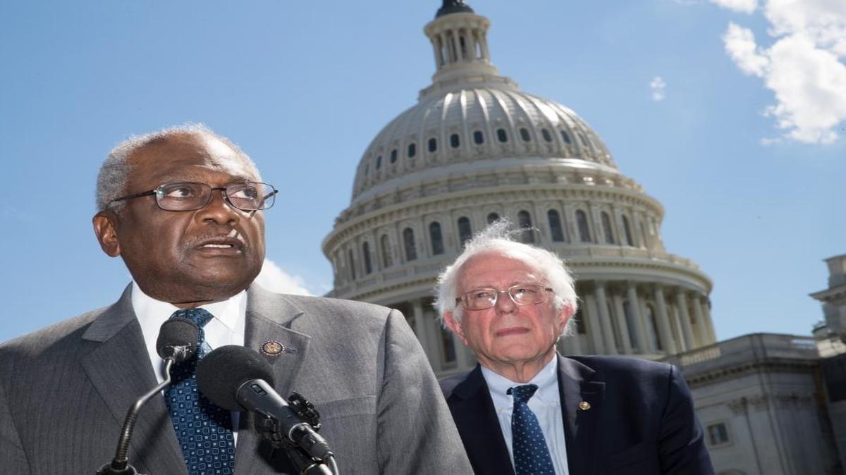 House Assistant Minority Leader James Clyburn of S.C., left, accompanied by Sen. Bernie Sanders, I-Vt., speak to reporters outside the Capitol in Washington earlier this year.