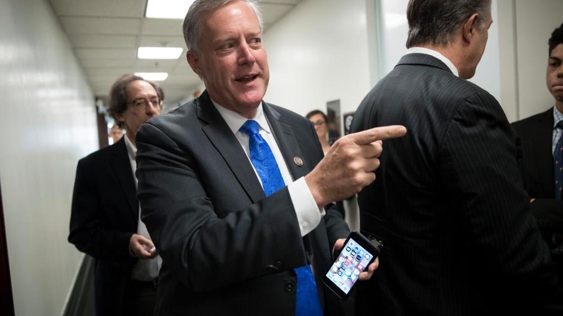 In this July 28, 2017, file photo, Rep. Mark Meadows, R-N.C., emerges from a House Republican Conference meeting on Capitol Hill in Washington.