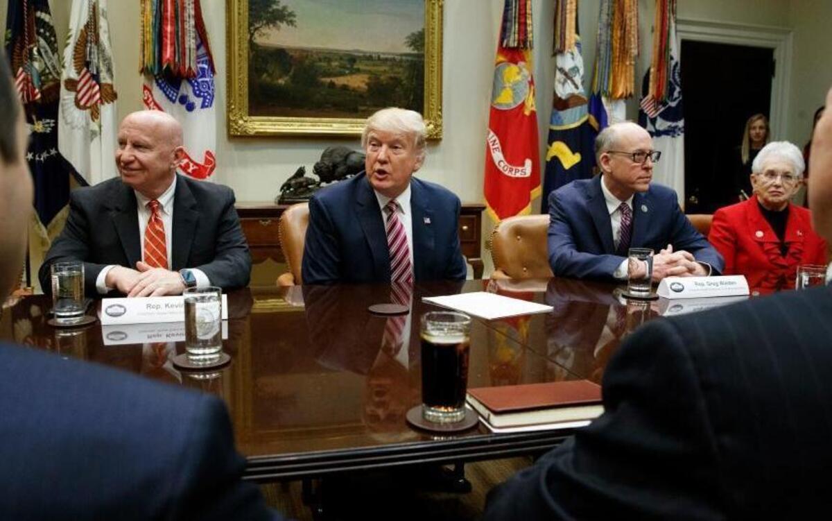 President Donald Trump during a meeting on health care, Friday, March 10, 2017, in the Roosevelt Room of the White House. From left are House Ways and Means Committee Chairman Kevin Brady, R-Texas, Trump, House Energy and Commerce Committee Chairman Greg Walden, R-Ore., and House Education and Workforce Committee Chairwoman Virginia Foxx, R-N.C.