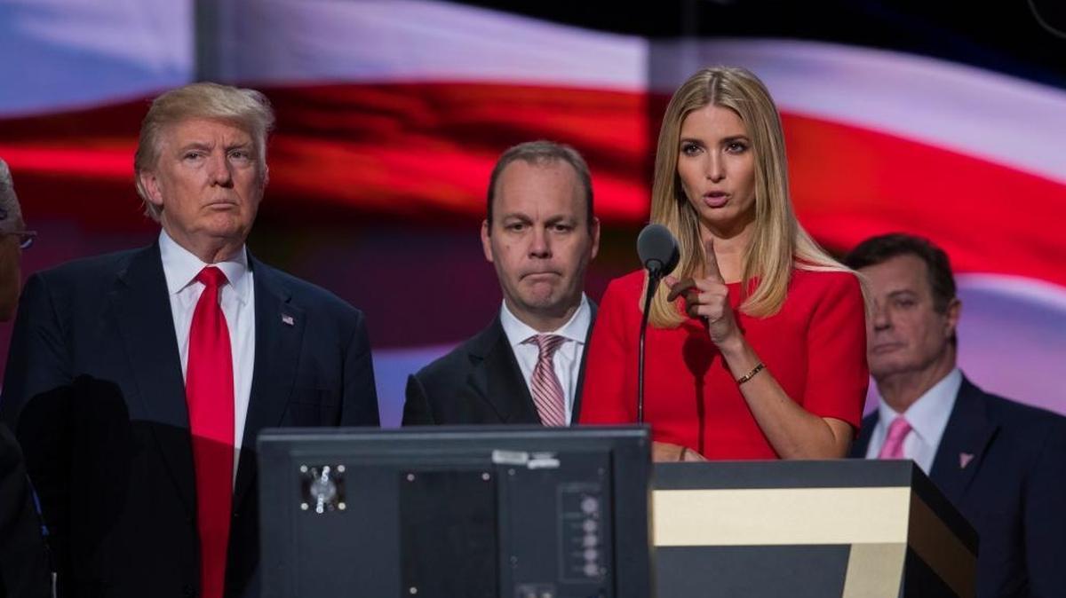 Then-Republican presidential candidate Donald Trump on stage with Rick Gates, center, and Ivanka Trump in July 21, 2016, during a walk-through at the Republican National Convention in Cleveland. At back right is then-Trump campaign chairman Paul Manafort, who was indicted with Gates last week. (AP Photo/Evan Vucci)