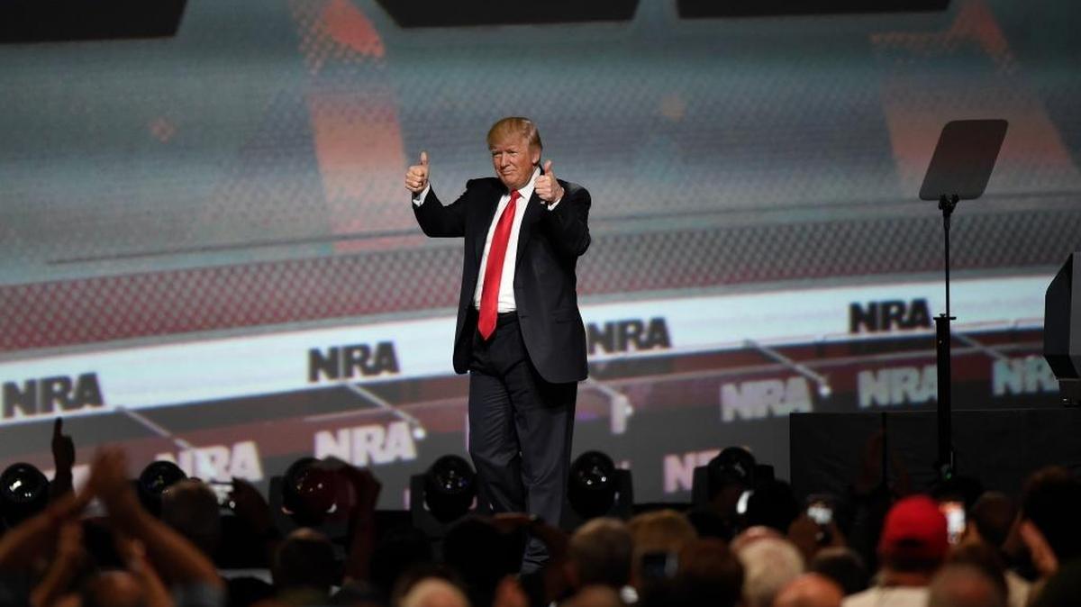 President Donald Trump speaks during the National Rifle Association-ILA Leadership Forum, Friday, April 28, 2017, in Atlanta. The NRA is holding its 146th annual meetings and exhibits forum at the Georgia World Congress Center.