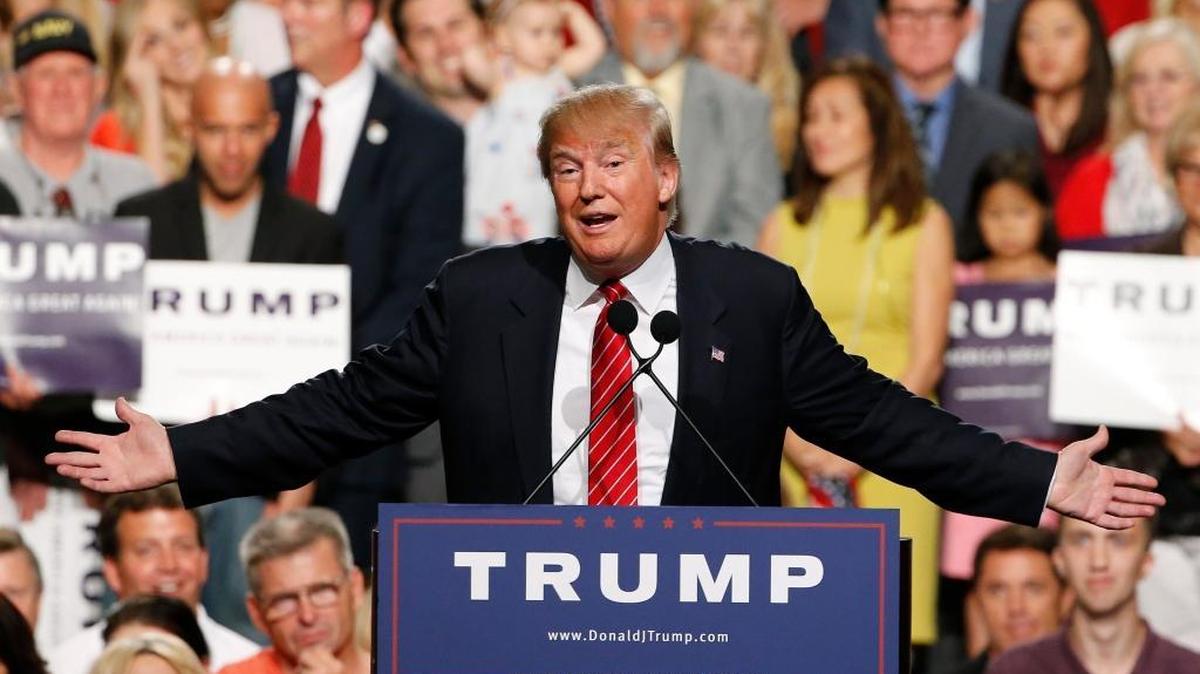 Donald Trump speaks before a crowd of 3,500 in Phoenix in 2015 as he campaigns for the presidency.