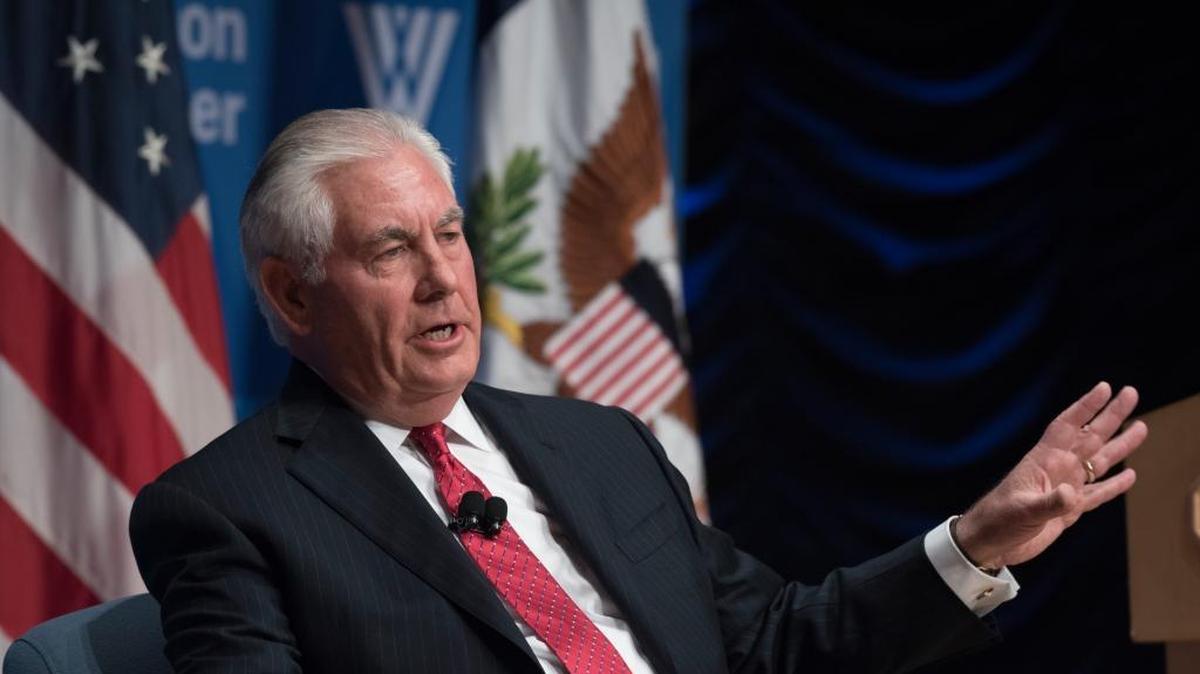 Secretary of State Rex Tillerson participates in a conversation with Wilson Center President and CEO Jane Harman at the Wilson Center in Washington.