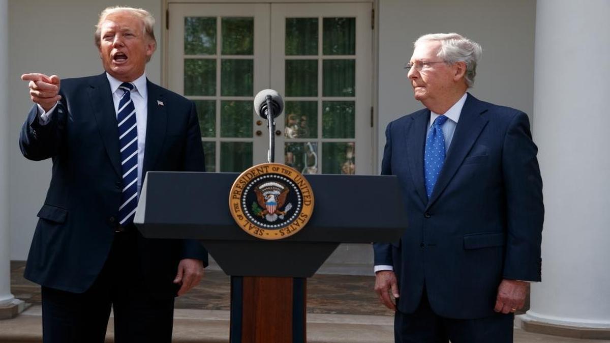 President Donald Trump and Senate Majority Leader Mitch McConnell, R-Ky., speak in Rose Garden of the White House to speak with reporters Monday.