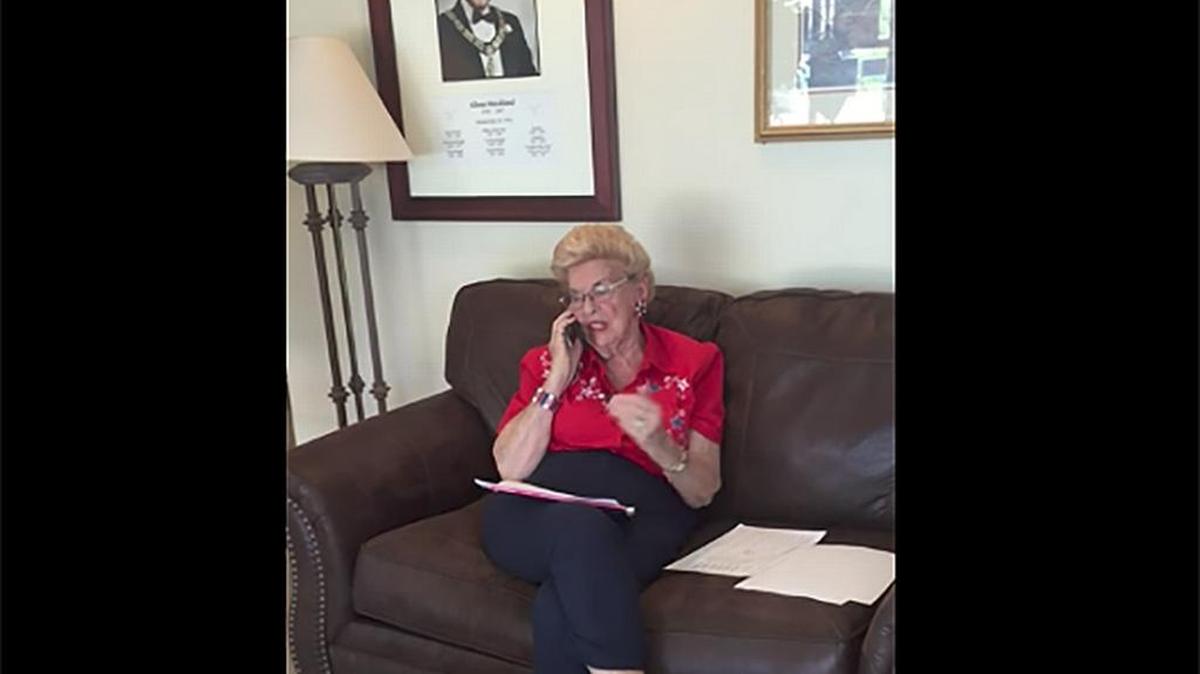 A video screenshot shows Republican activist Edie Knight of Atascadero, California, talking on the phone in the lobby of the Elks Lodge on Election Day, June 7, 2016. She faces two charges of electioneering at a polling place.