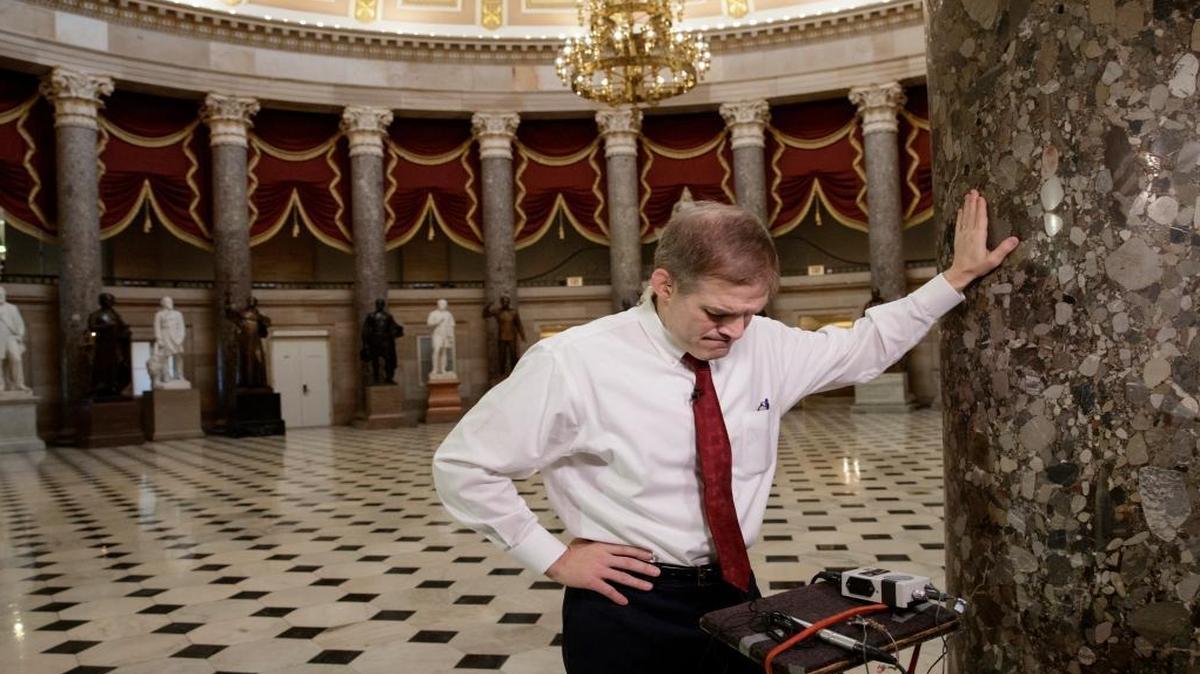 Rep. Jim Jordan, R-Ohio, a key member and founder of the conservative Freedom Caucus, arrives for a TV interview on Capitol Hill in Washington, Thursday, March 23, 2017.