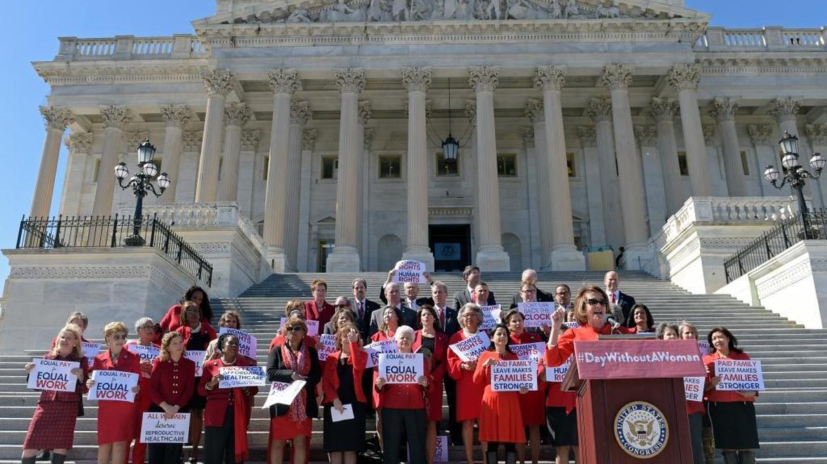 House Minority Leader Nancy Pelosi of California speaks at an event on Capitol Hill in Washington on Wednesday, March 8, 2017, for International Women’s Day.