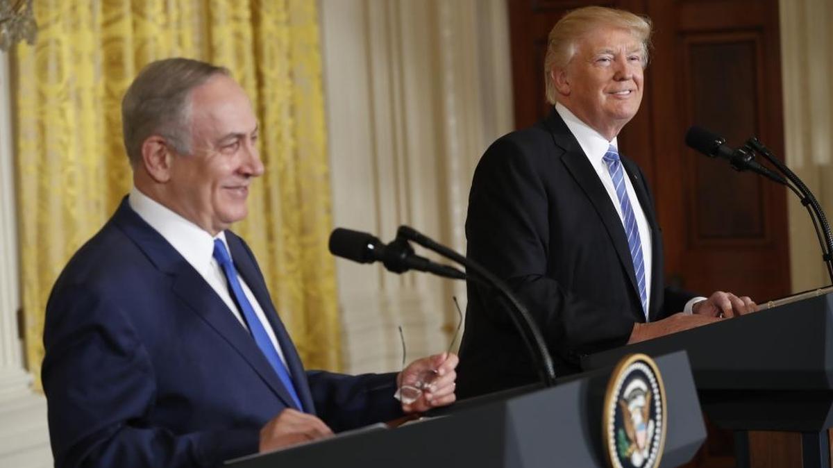 President Donald Trump and Israeli Prime Minister Benjamin Netanyahu in their joint news conference in the East Room of the White House in Washington.