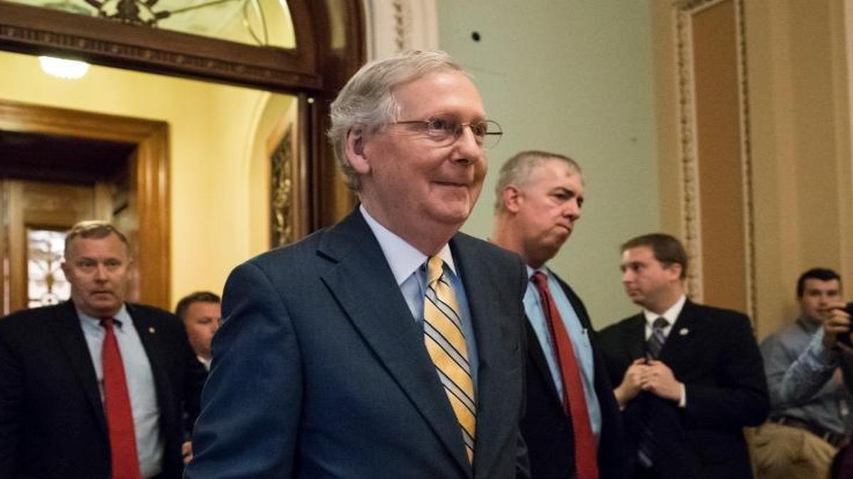Senate Majority Leader Mitch McConnell of Ky. leaves the Senate chamber on Capitol Hill in Washington, Thursday, July 13, 2017, after announcing the revised version of the Republican health care bill. The bill has been in jeopardy because of opposition from within the GOP ranks.