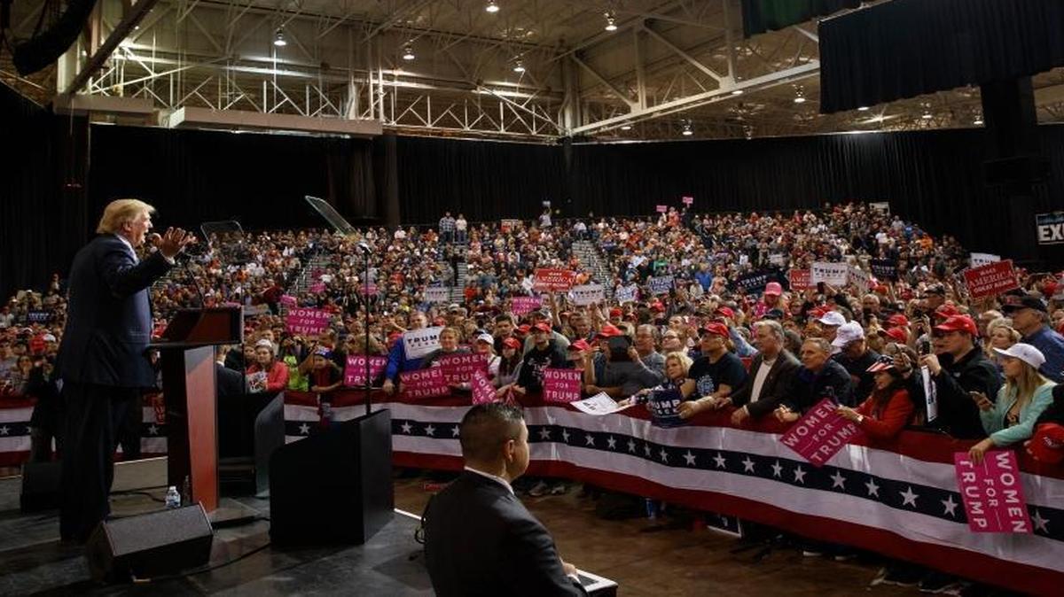 Republican presidential nominee Donald Trump with his supporters at a campaign rally Saturday, Oct. 22, 2016, in Cleveland.