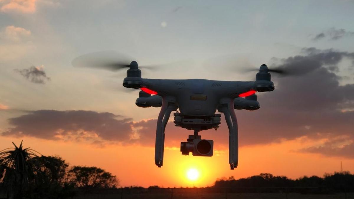 A DJI Phantom 3 Pro Quadcopter drone flying at sunset in Brandon, Florida.