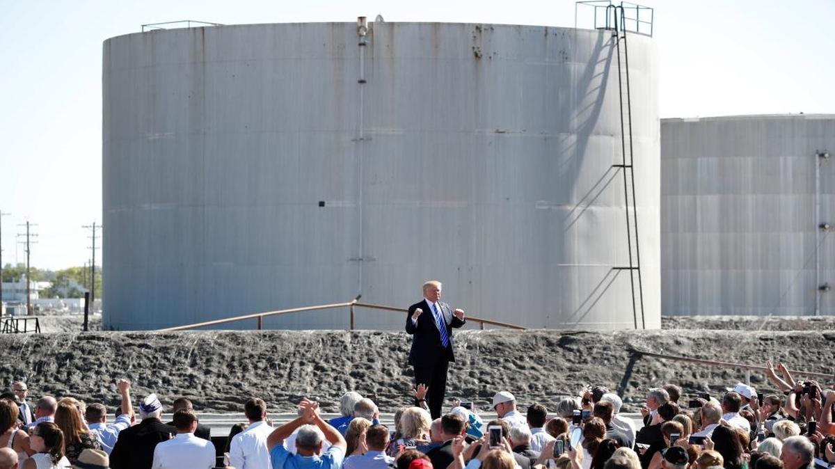 President Donald Trump reacts to supporters after speaking about tax reform at the Andeavor Mandan Refinery on Wednesday, Sept. 6, 2017, in Mandan, N.D. (AP Photo/Charlie Neibergall)