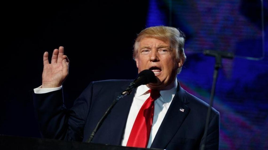 Republican presidential candidate Donald Trump speaks to the Republican Hindu Coalition, Saturday, Oct. 15, 2016, in Edison, N.J.