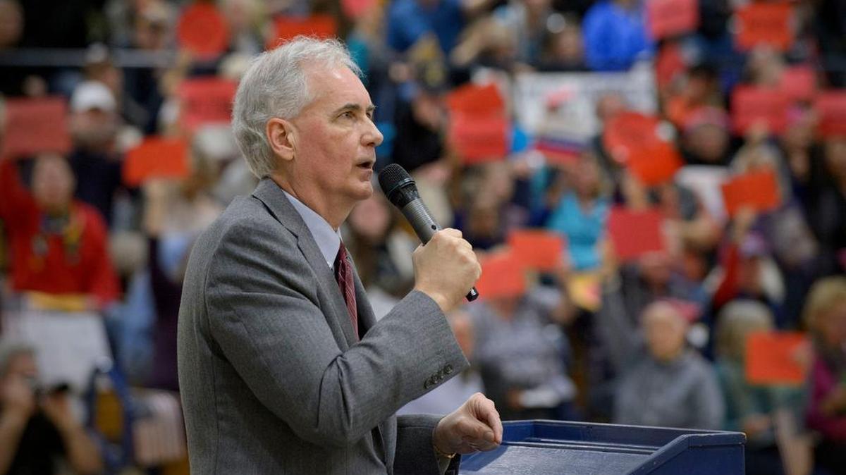 Rep. Tom McClintock fields questions from a boisterous crowd during his town hall meeting at Oak Ridge High School in El Dorado Hills on Saturday, March 4, 2017.