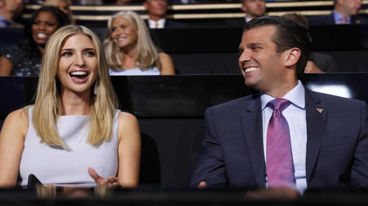 Republican Presidential Candidate Donald Trump's children Ivanka Trump and Donald Trump Jr., during the second day session of the Republican National Convention in Cleveland, Tuesday, July 19, 2016. Both are giving testimonials about their father.