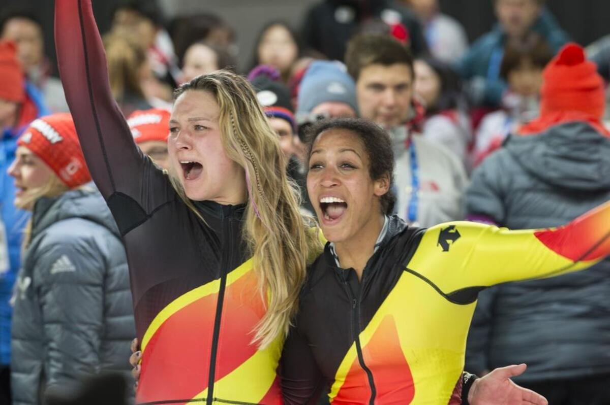 Lisa Buckwitz, left, and Mariama Jamanka of Germany captured the gold medal in women’s bobsled Wednesday. They beat the United States by 0:07 seconds.